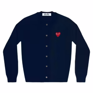 CDG PLAY Round Neck Cardigan Red Emblem Navy Front Side