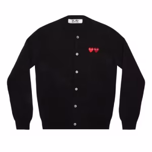 CDG PLAY Round Neck Cardigan with Double Emblems Black Front Side