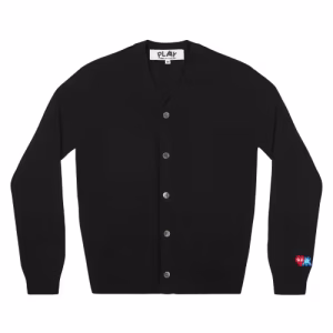 CDG PLAY V-Neck Cardigan Invader Red Heart and Blue Emblem (Black) Front Side
