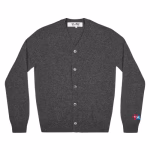 CDG PLAY V-Neck Cardigan Invader Red Heart and Blue Emblem (Grey) Front Side