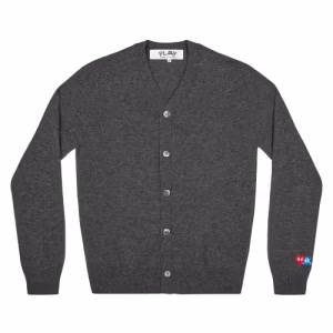 CDG PLAY V-Neck Cardigan Invader Red Heart and Blue Emblem (Grey) Front Side