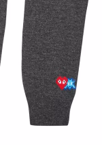 CDG PLAY V-Neck Cardigan Invader Red Heart and Blue Emblem (Grey) Logo