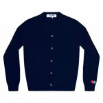 CDG PLAY V-Neck Cardigan Invader Red Heart and Blue Emblem (Navy) Front Side