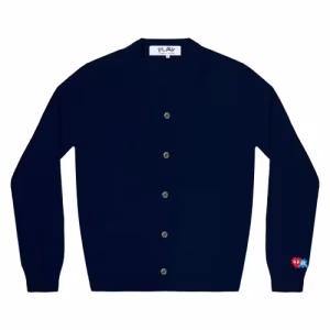 CDG PLAY V-Neck Cardigan Invader Red Heart and Blue Emblem (Navy) Front Side