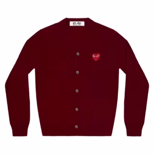 CDG PLAY V-Neck Cardigan Red Emblem Burgundy Front Side