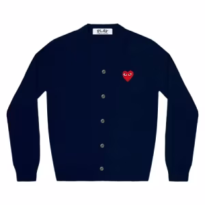 CDG PLAY V-Neck Cardigan Red Emblem Navy Front Side