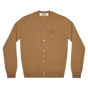 CDG PLAY V-Neck Cardigan with Small Red Heart (Brown) Front Side