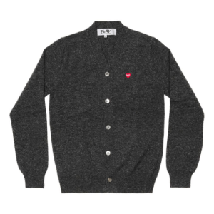 CDG PLAY V-Neck Cardigan with Small Red Heart (Grey) Front Side