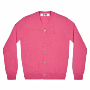 CDG PLAY V-Neck Cardigan with Small Red Heart (Pink) Front Side