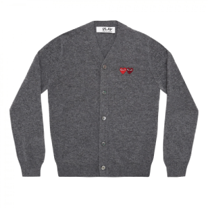 CDG PLAY V-Neck Men's Cardigan with Double Emblems Grey Front Side