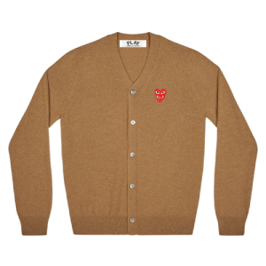 CDG PLAY V-Neck Mens Cardigan with Red Family Heart (Brown) Front Side