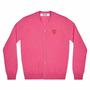 CDG PLAY V-Neck Men's Cardigan with Red Family Heart Pink Front Side
