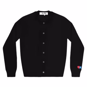 CDG PLAY Women's Cardigan Invader Red Heart and Blue Emblem (Black) Front Side