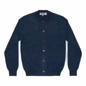 CDG Play Round Neck Cardigan Pastel Series Sleeve Heart (Navy) Front Side