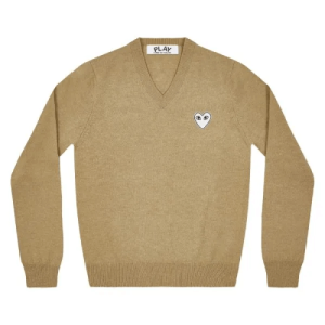CDG Play V Neck Pullover White Heart Natural Series (Camel) Front Side