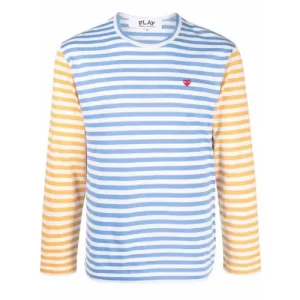 CDG Play Embroidered Logo Striped Long-Sleeve Blue/Yellow Tee Front Side
