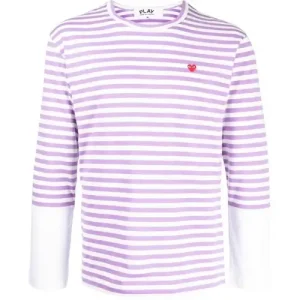CDG Play Embroidered Logo Striped Long-Sleeve Purple/White Tee Front Side