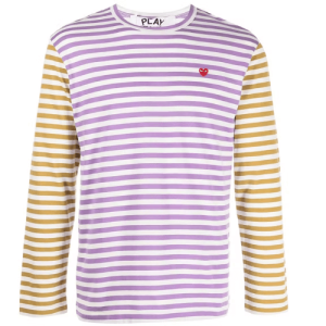 CDG Play Embroidered Logo Striped Long-Sleeve Tee (Purple/Yellow) Front Side
