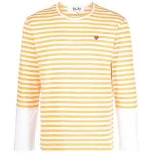 CDG Play Embroidered Logo Striped Long-Sleeve Tee White/Yellow Front Side