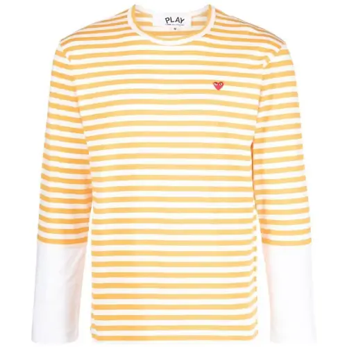 CDG Play Embroidered Logo Striped Long-Sleeve Tee White/Yellow CDG Play Embroidered Logo Striped Long-Sleeve Tee White/Yellow Front Side