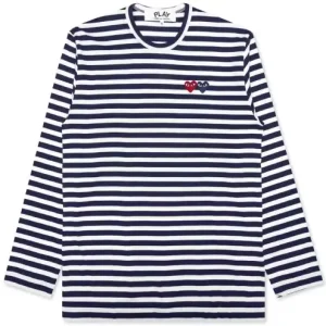 CDG Play Women's Double Heart Striped L/S T-Shirt (Navy/White) Front Side
