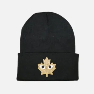 CANADA des GARCONS Beanie Gold Emblem Front Side View With Canadian Maple Emblem