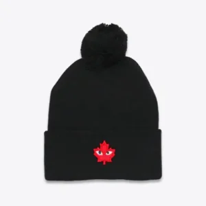 CDG POM POM BEANIE BLACK Front Side View With Canadiam Emblem
