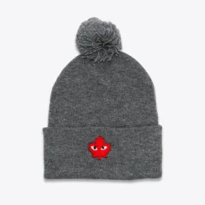 CDG POM POM BEANIE GREY Front Side View With Canadian CDG Logo