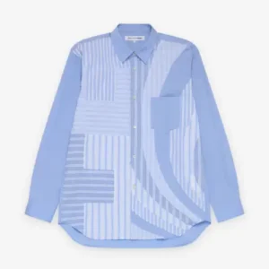 CDG Shirt Men's Striped Pattern Shirt Blue Front Side View