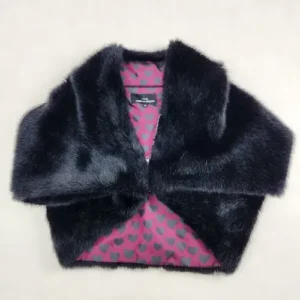 COMME des GARCONS Black Faux Fur Cape Coat Heart Lining Pink Front