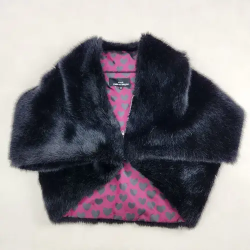 COMME des GARCONS Black Faux Fur Cape Coat Heart Lining Pink COMME des GARCONS Black Faux Fur Cape Coat Heart Lining Pink Front